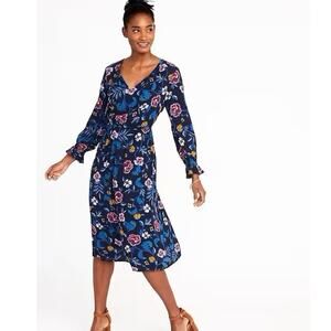 Old Navy Midi Dress Womens XL Dark Floral Long Sleeve Ruffle Navy Blue Romantic